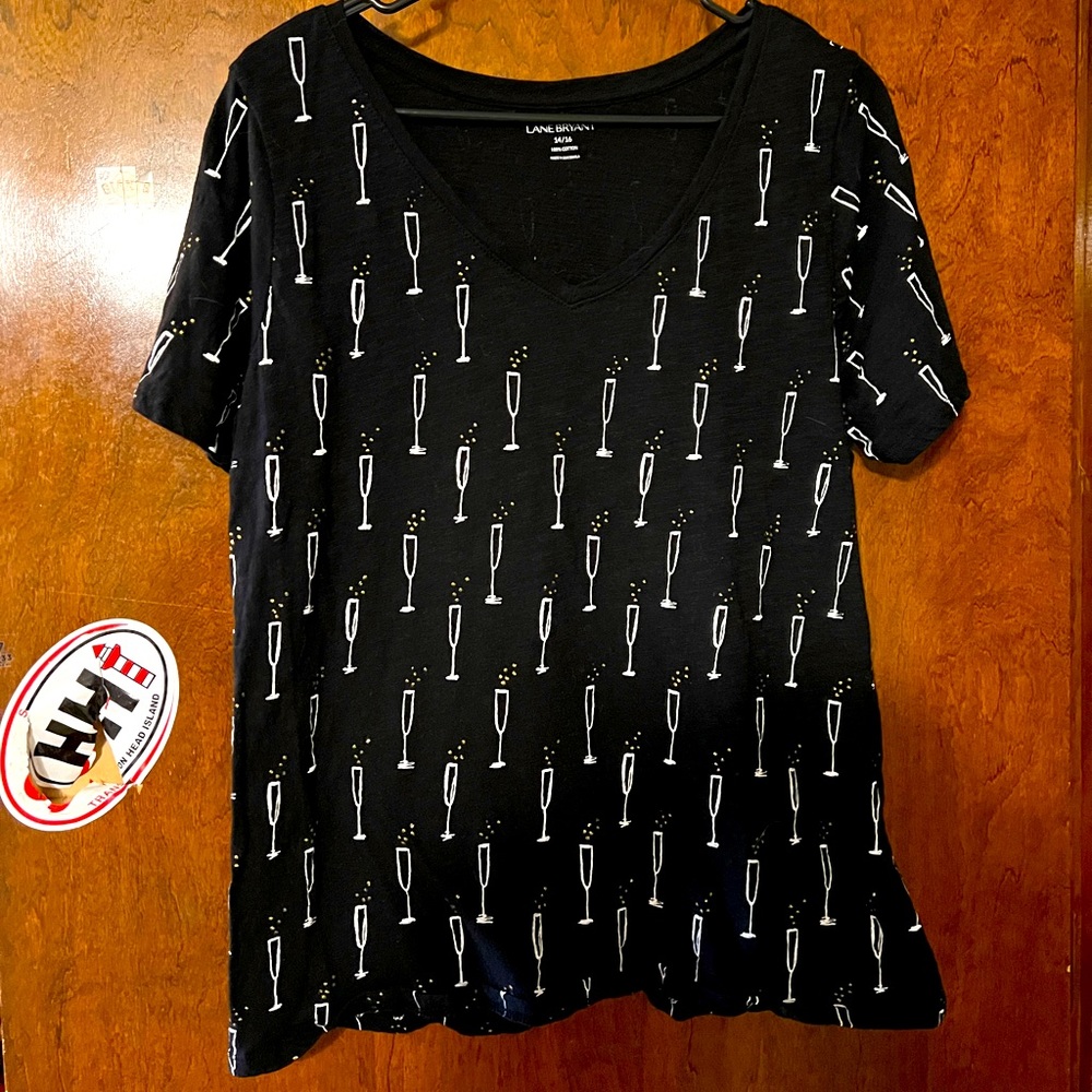🥂 Lane Bryant Novelty Tee Black Champagne Flutes & Bubbles 🌟 EUC 🌟 Size 14/16